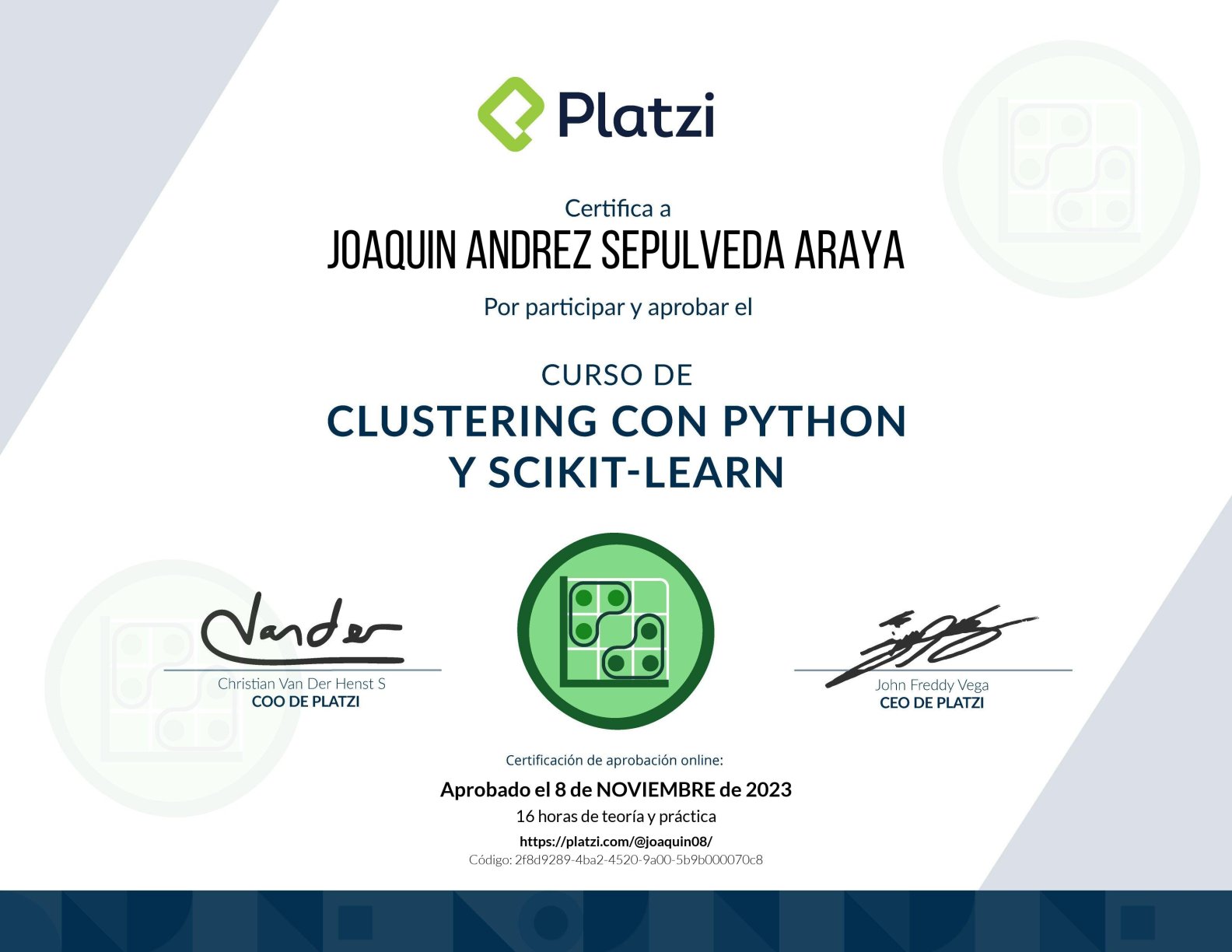 Clustering with Python and Scikit-Learn certificate from Platzi Academy