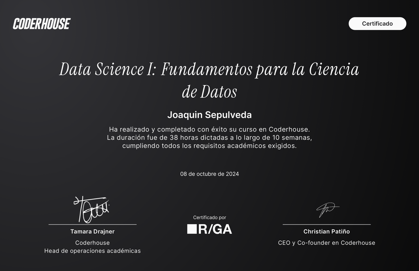 Data Science I: Fundamentos para la Ciencia de Datos certificate from Coderhouse
