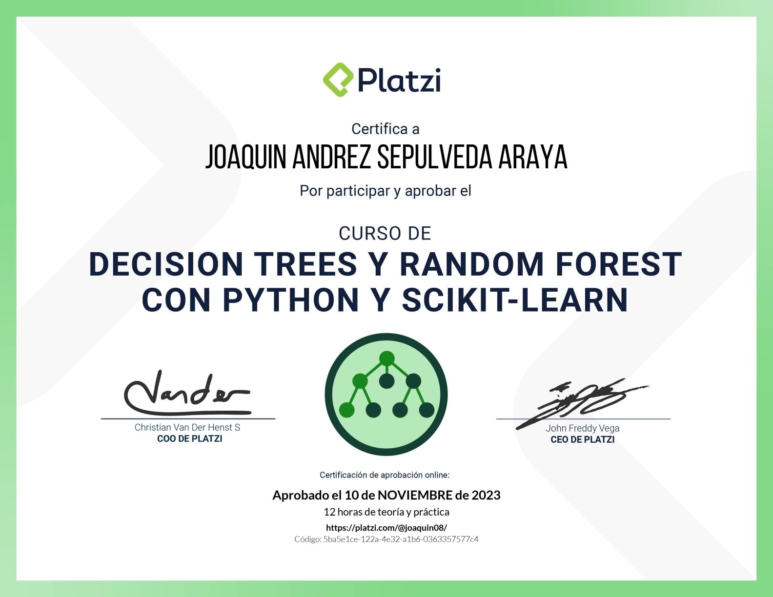 Decision Trees and Random Forest with Python and Scikit-Learn certificate from Platzi Academy