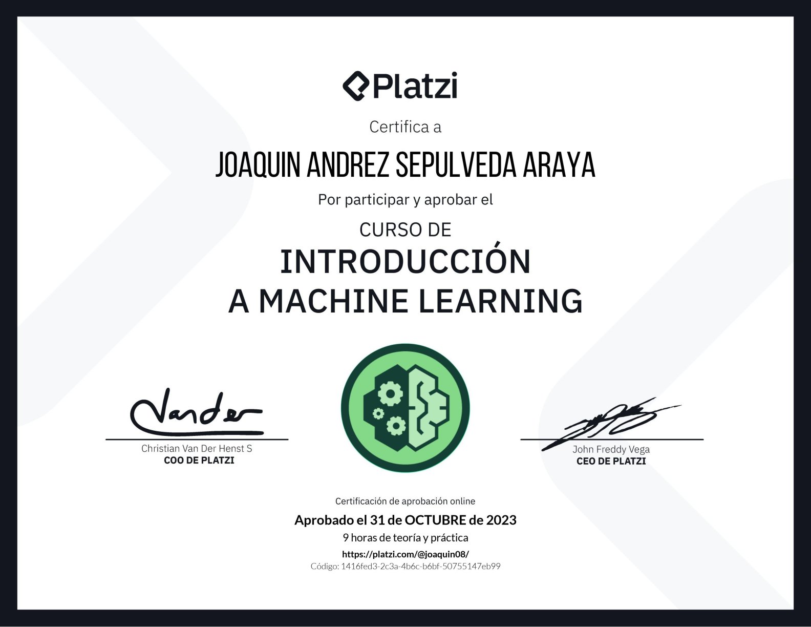 Introduction to Machine Learning certificate from Platzi Academy
