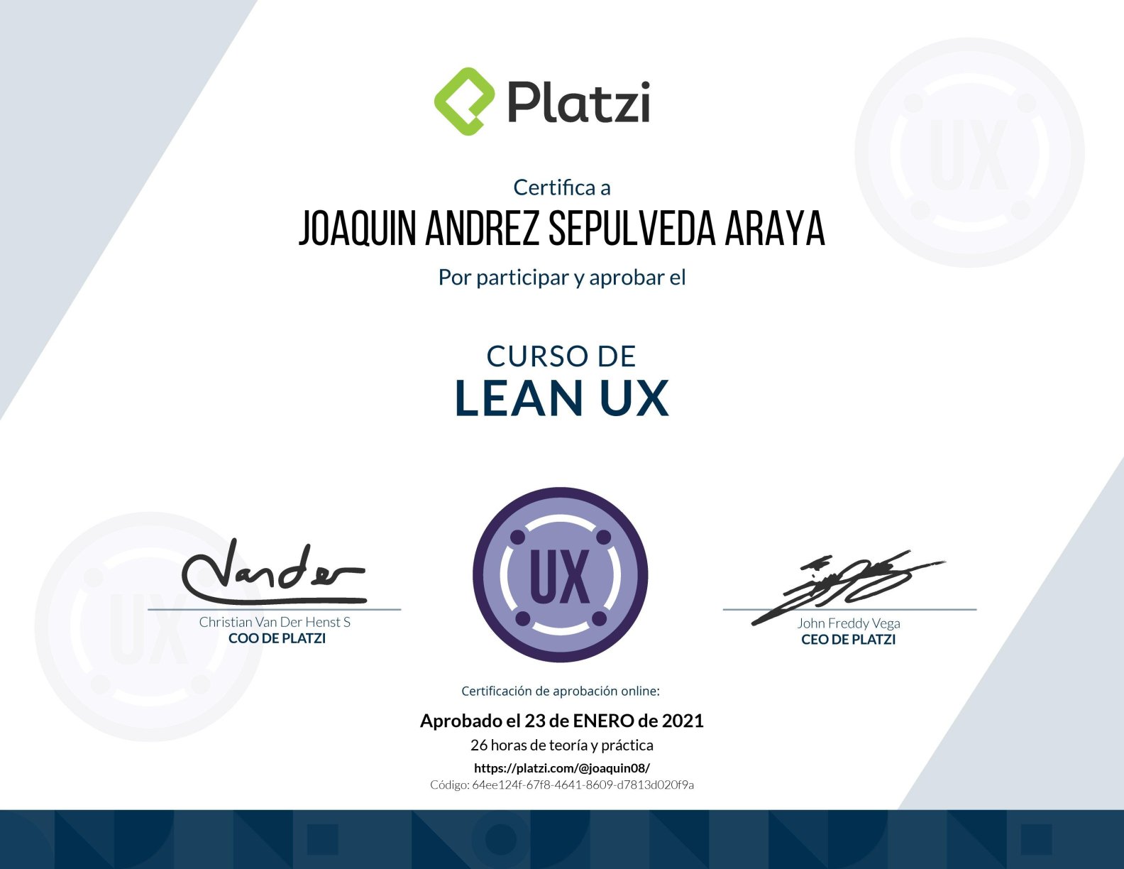 Lean UX certificate from Platzi Academy