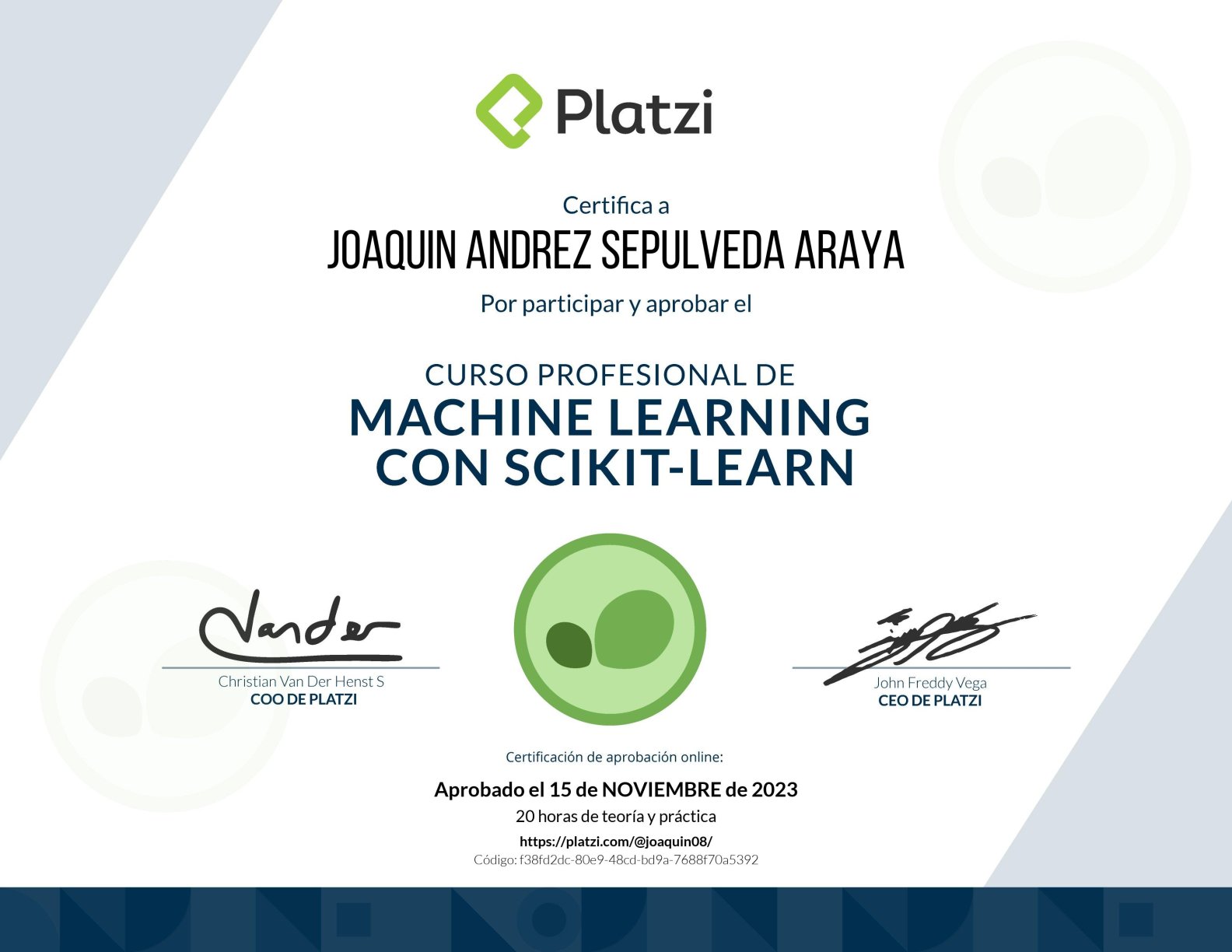 Professional Machine Learning with Scikit-Learn certificate from Platzi Academy