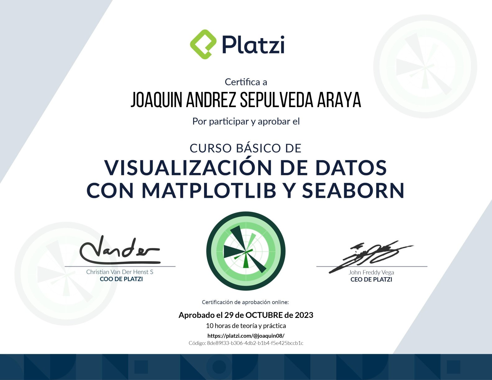 Data Visualization with Matplotlib and Seaborn certificate from Platzi Academy