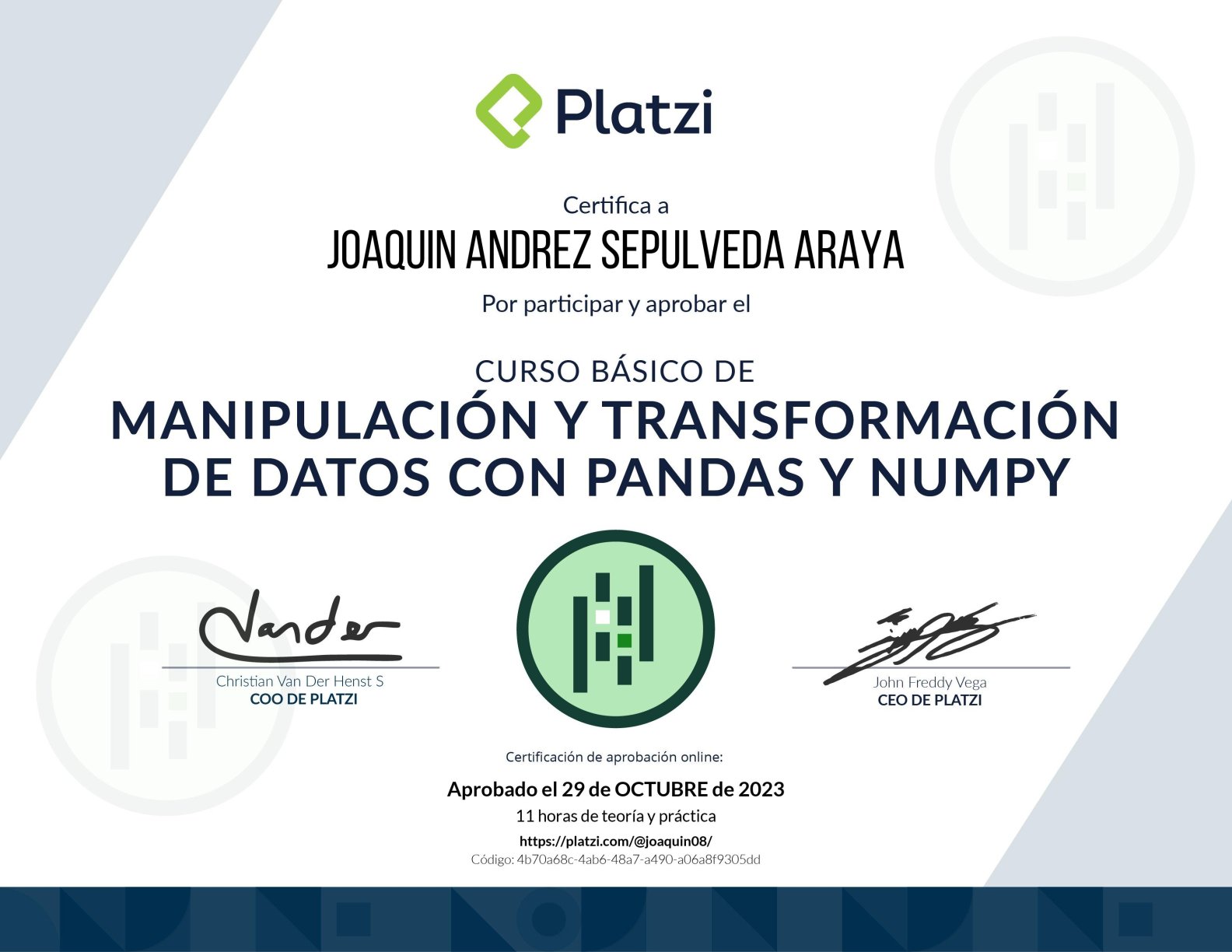 Data Manipulation with Pandas and NumPy certificate from Platzi Academy