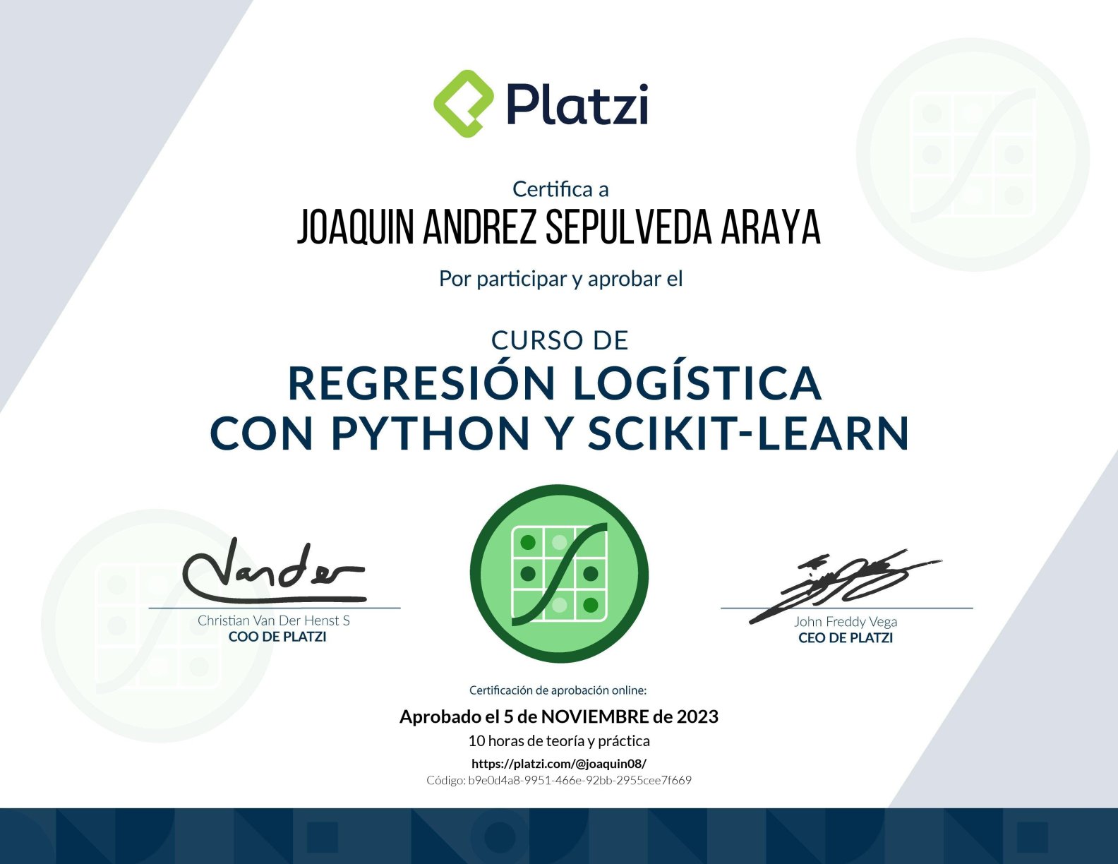 Logistic Regression with Python and Scikit-Learn certificate from Platzi Academy