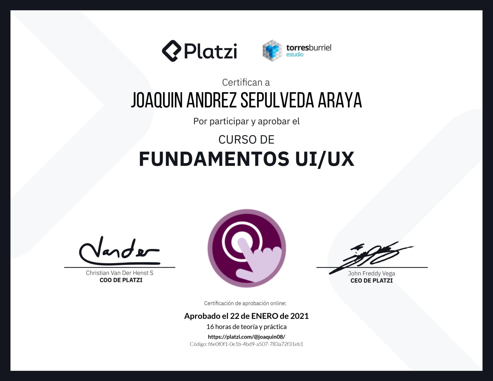 UI/UX Fundamentals certificate from Platzi Academy