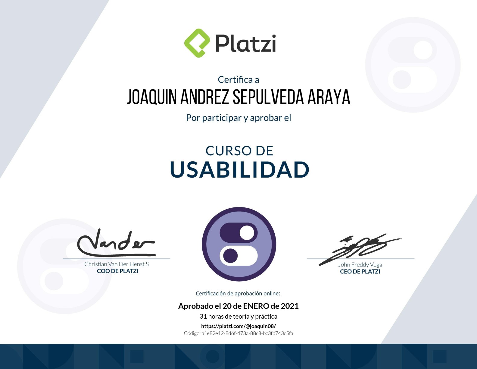 Usability certificate from Platzi Academy