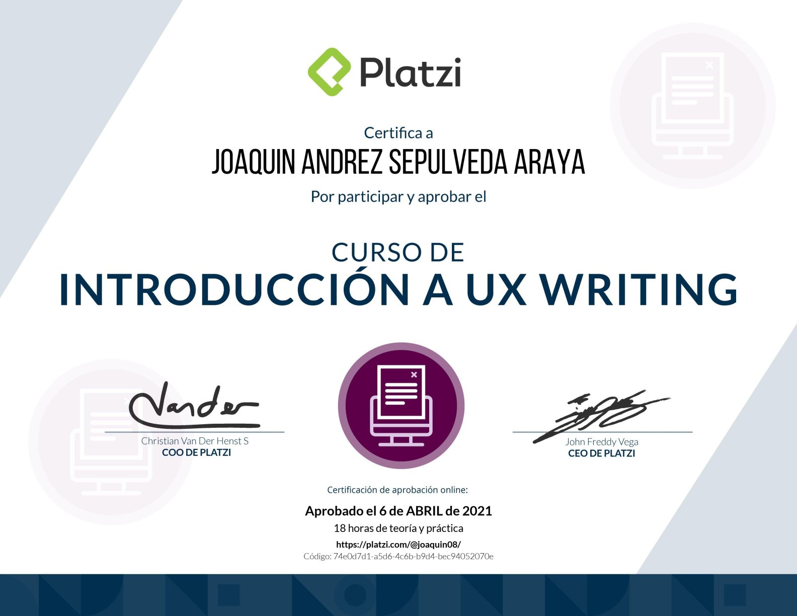 UX Writing certificate from Platzi Academy
